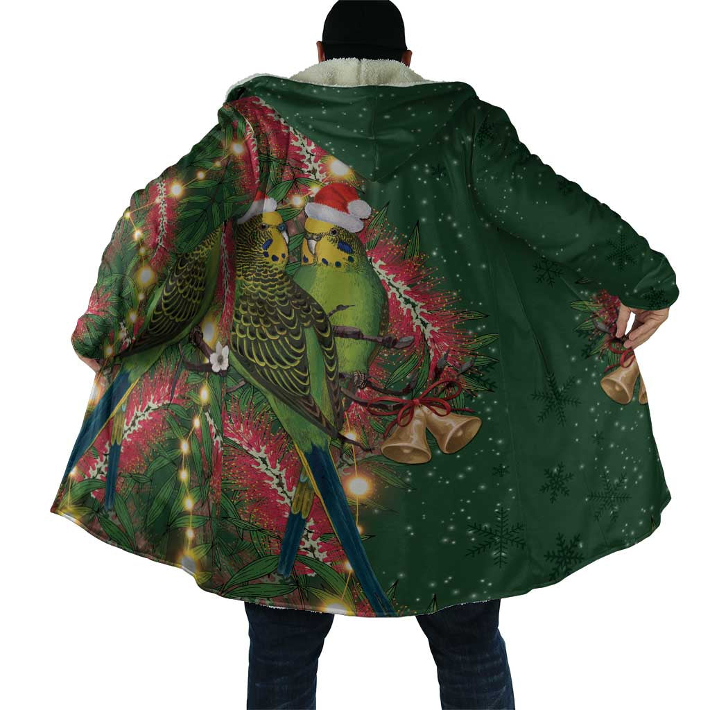 Green Budgerigars on Callistemon Cloak Merry Christmas Aussie - Aussie Hoodie