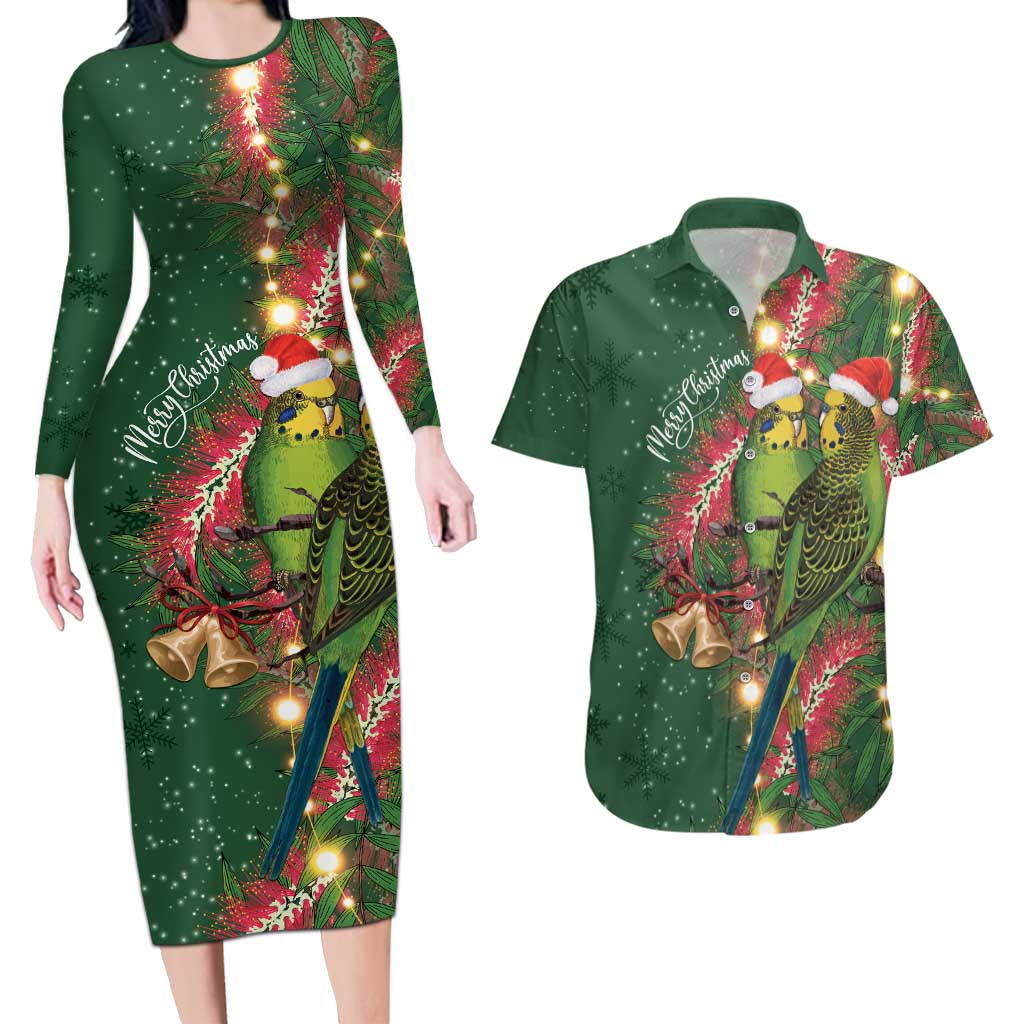 Green Budgerigars on Callistemon Couples Matching Long Sleeve Bodycon Dress and Hawaiian Shirt Merry Christmas Aussie - Aussie Hoodie