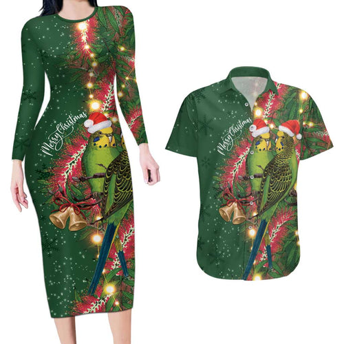 Green Budgerigars on Callistemon Couples Matching Long Sleeve Bodycon Dress and Hawaiian Shirt Merry Christmas Aussie - Aussie Hoodie