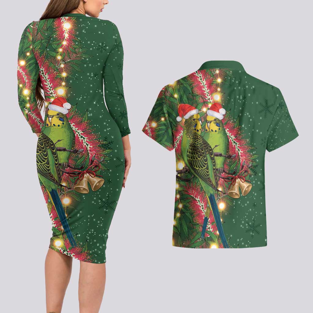Green Budgerigars on Callistemon Couples Matching Long Sleeve Bodycon Dress and Hawaiian Shirt Merry Christmas Aussie - Aussie Hoodie