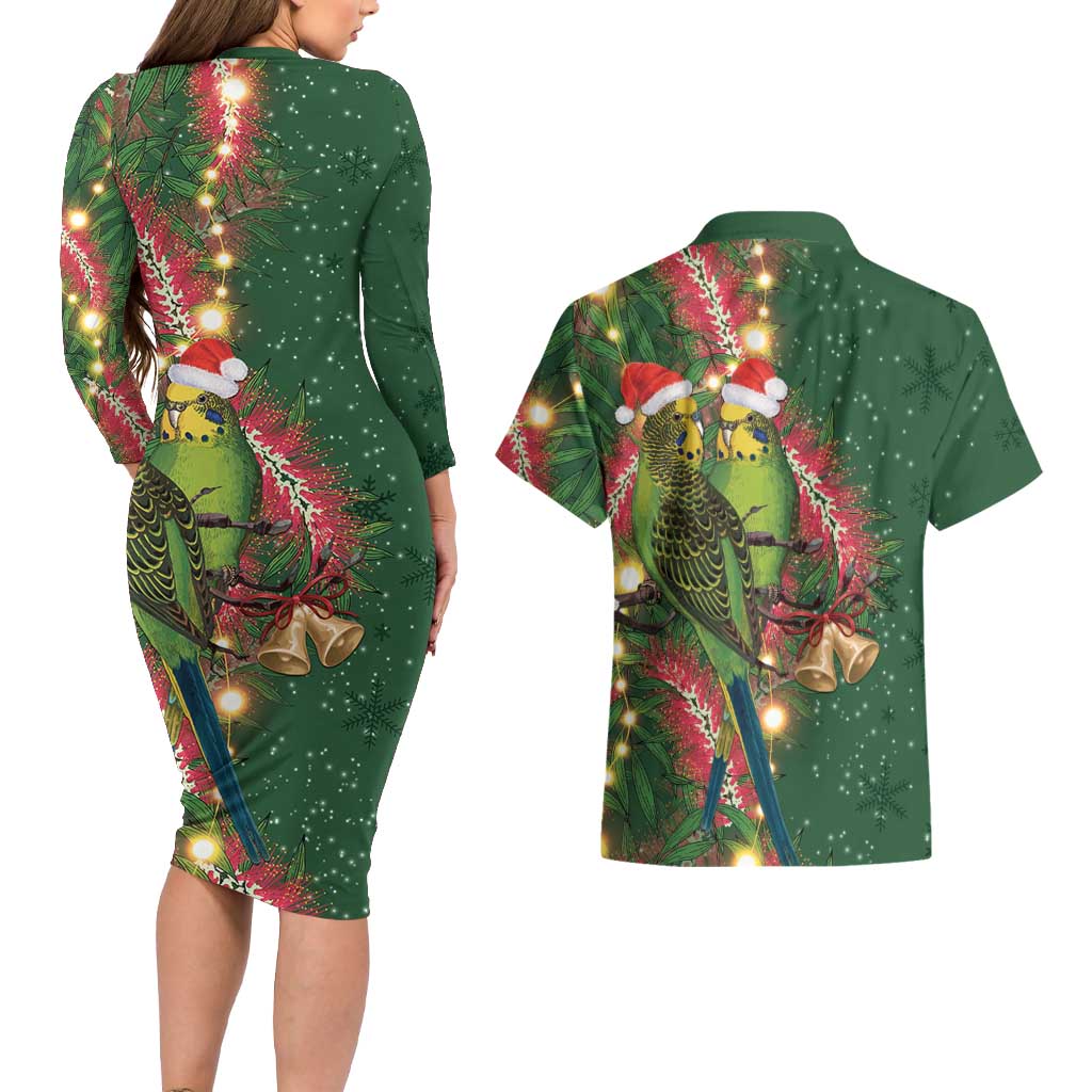 Green Budgerigars on Callistemon Couples Matching Long Sleeve Bodycon Dress and Hawaiian Shirt Merry Christmas Aussie - Aussie Hoodie