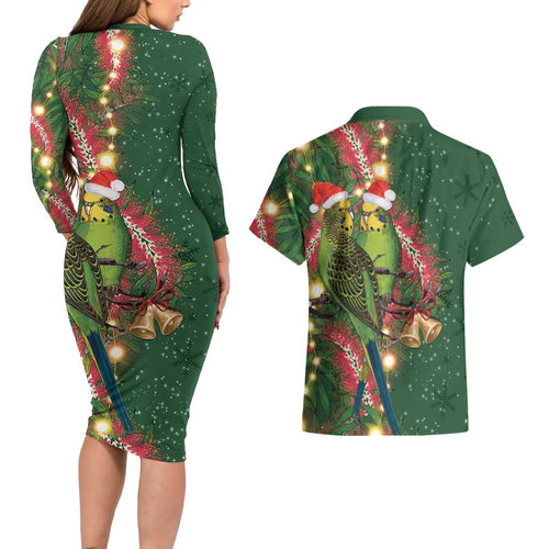 Green Budgerigars on Callistemon Couples Matching Long Sleeve Bodycon Dress and Hawaiian Shirt Merry Christmas Aussie - Aussie Hoodie