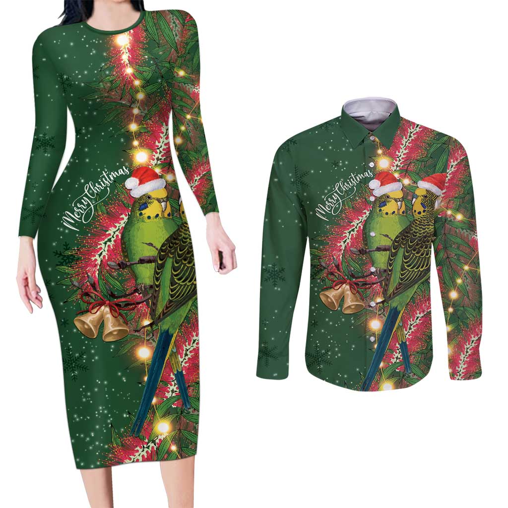 Green Budgerigars on Callistemon Couples Matching Long Sleeve Bodycon Dress and Long Sleeve Button Shirt Merry Christmas Aussie - Aussie Hoodie