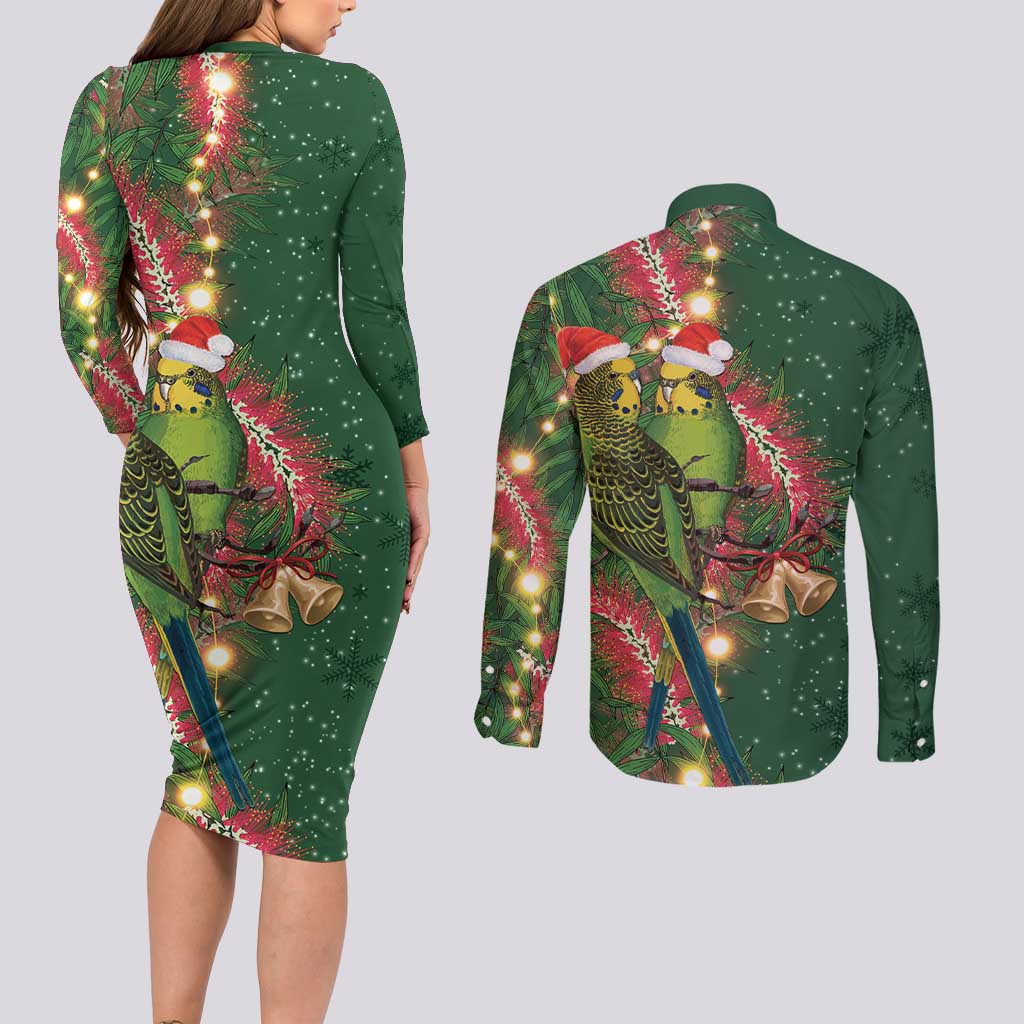 Green Budgerigars on Callistemon Couples Matching Long Sleeve Bodycon Dress and Long Sleeve Button Shirt Merry Christmas Aussie - Aussie Hoodie