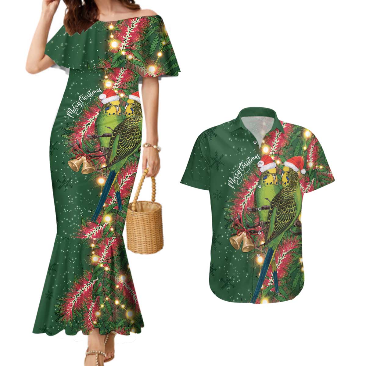 Green Budgerigars on Callistemon Couples Matching Mermaid Dress and Hawaiian Shirt Merry Christmas Aussie - Aussie Hoodie