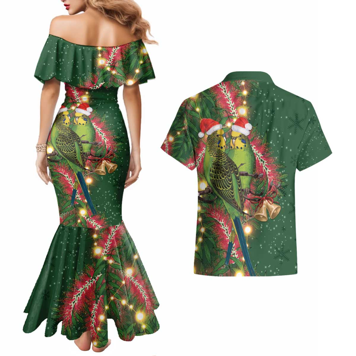 Green Budgerigars on Callistemon Couples Matching Mermaid Dress and Hawaiian Shirt Merry Christmas Aussie - Aussie Hoodie