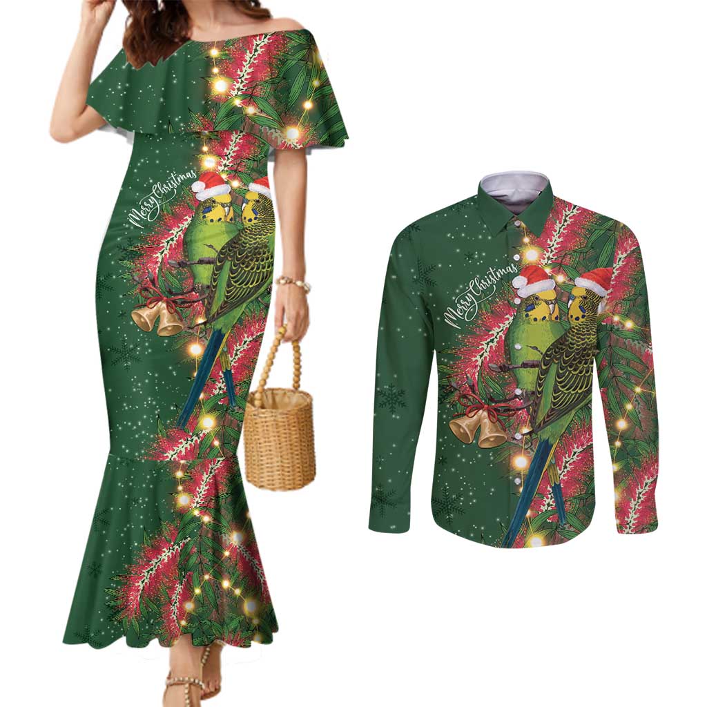 Green Budgerigars on Callistemon Couples Matching Mermaid Dress and Long Sleeve Button Shirt Merry Christmas Aussie - Aussie Hoodie
