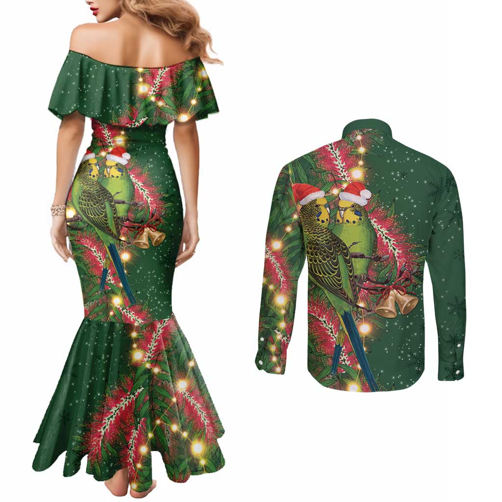 Green Budgerigars on Callistemon Couples Matching Mermaid Dress and Long Sleeve Button Shirt Merry Christmas Aussie - Aussie Hoodie