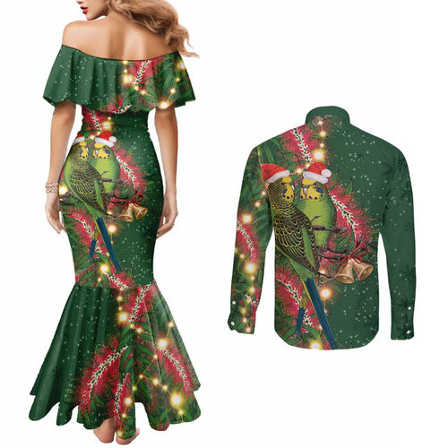 Green Budgerigars on Callistemon Couples Matching Mermaid Dress and Long Sleeve Button Shirt Merry Christmas Aussie - Aussie Hoodie