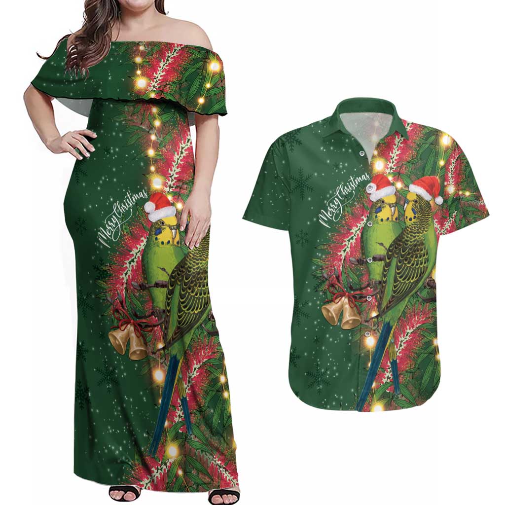 Green Budgerigars on Callistemon Couples Matching Off Shoulder Maxi Dress and Hawaiian Shirt Merry Christmas Aussie - Aussie Hoodie