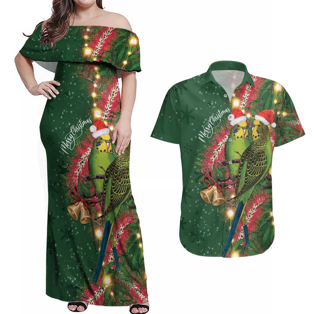 Green Budgerigars on Callistemon Couples Matching Off Shoulder Maxi Dress and Hawaiian Shirt Merry Christmas Aussie - Aussie Hoodie