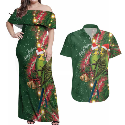 Green Budgerigars on Callistemon Couples Matching Off Shoulder Maxi Dress and Hawaiian Shirt Merry Christmas Aussie - Aussie Hoodie