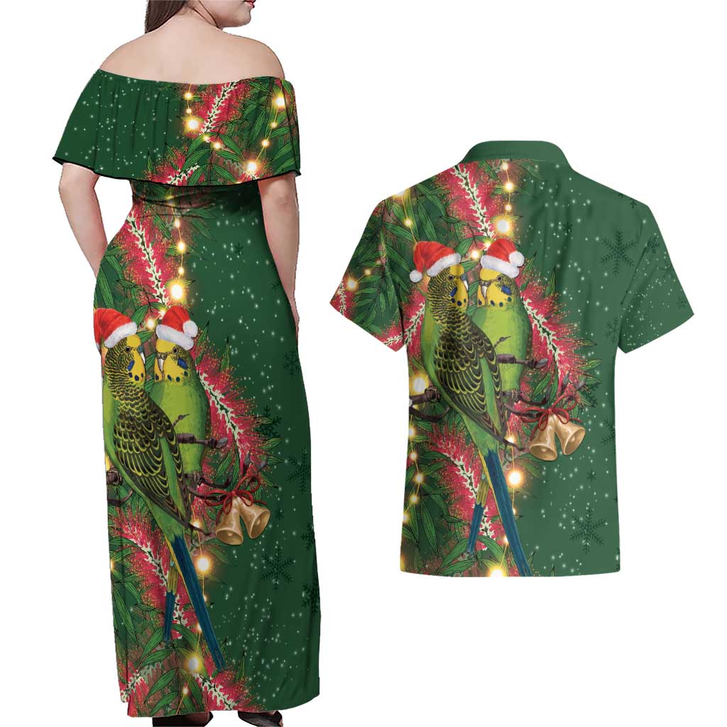 Green Budgerigars on Callistemon Couples Matching Off Shoulder Maxi Dress and Hawaiian Shirt Merry Christmas Aussie - Aussie Hoodie