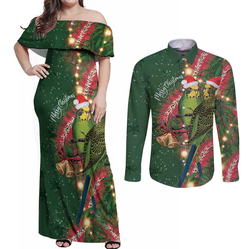 Green Budgerigars on Callistemon Couples Matching Off Shoulder Maxi Dress and Long Sleeve Button Shirt Merry Christmas Aussie - Aussie Hoodie