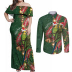 Green Budgerigars on Callistemon Couples Matching Off Shoulder Maxi Dress and Long Sleeve Button Shirt Merry Christmas Aussie - Aussie Hoodie