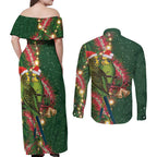 Green Budgerigars on Callistemon Couples Matching Off Shoulder Maxi Dress and Long Sleeve Button Shirt Merry Christmas Aussie - Aussie Hoodie
