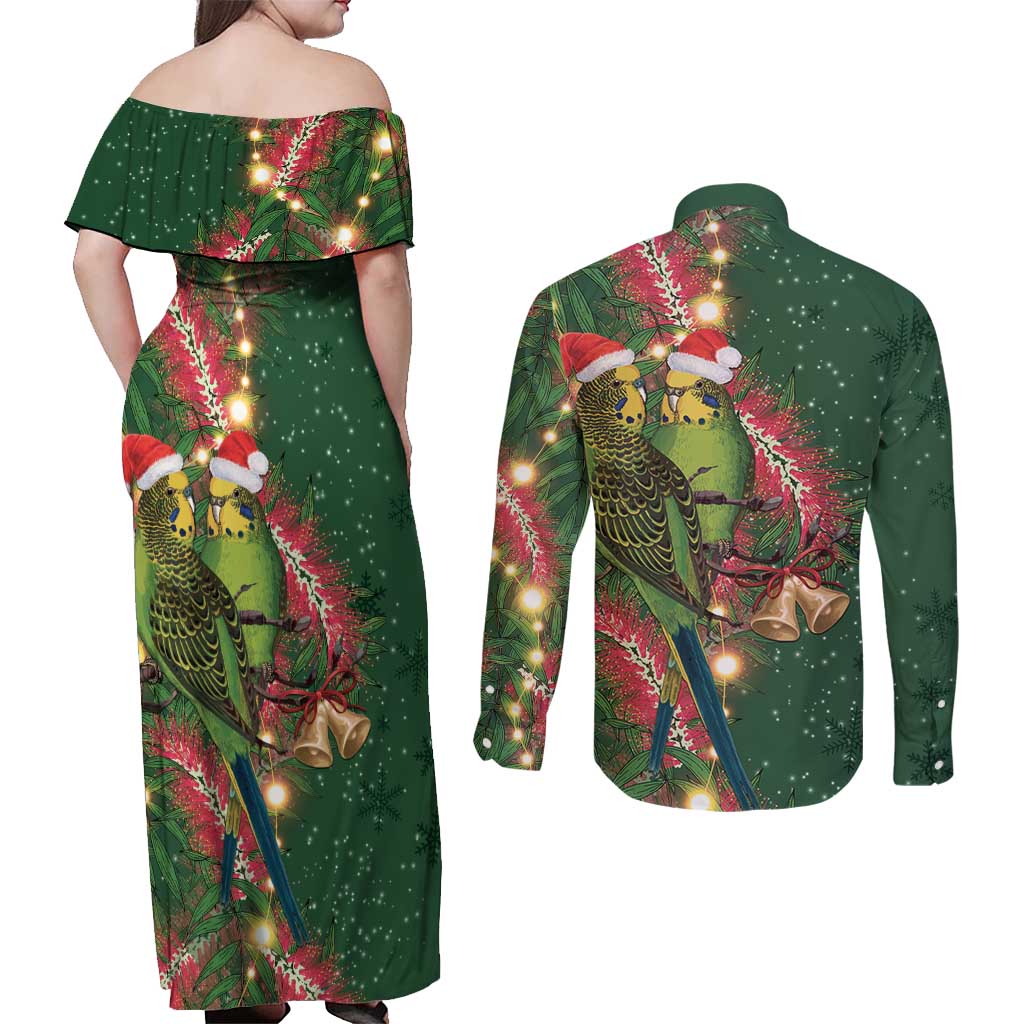 Green Budgerigars on Callistemon Couples Matching Off Shoulder Maxi Dress and Long Sleeve Button Shirt Merry Christmas Aussie - Aussie Hoodie