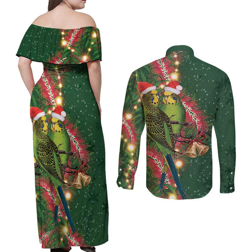 Green Budgerigars on Callistemon Couples Matching Off Shoulder Maxi Dress and Long Sleeve Button Shirt Merry Christmas Aussie - Aussie Hoodie