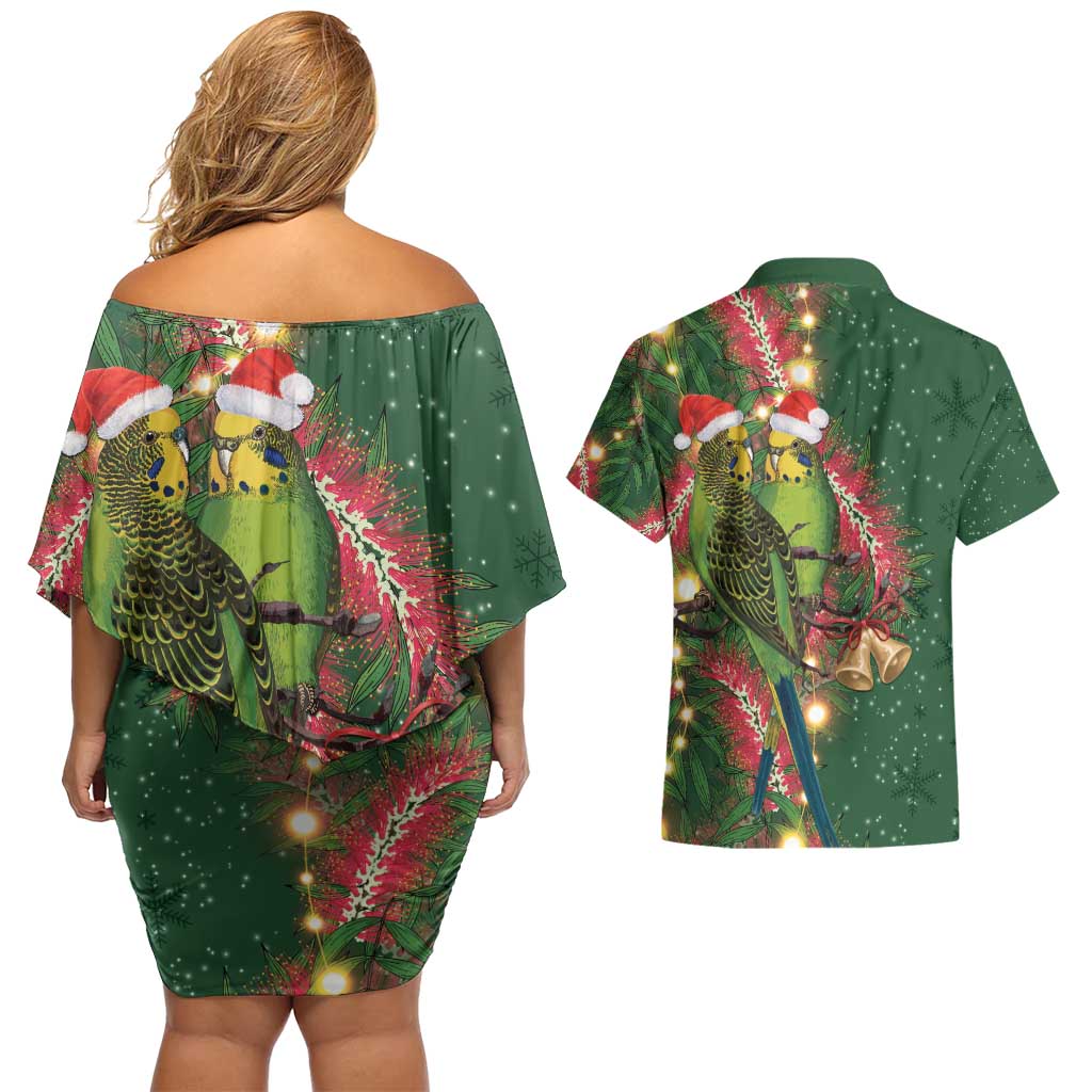 Green Budgerigars on Callistemon Couples Matching Off Shoulder Short Dress and Hawaiian Shirt Merry Christmas Aussie - Aussie Hoodie