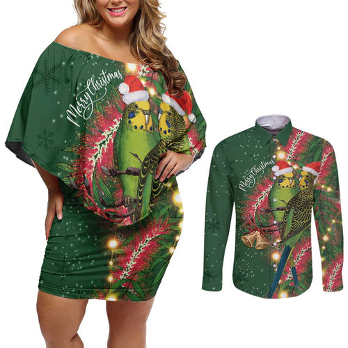 Green Budgerigars on Callistemon Couples Matching Off Shoulder Short Dress and Long Sleeve Button Shirt Merry Christmas Aussie - Aussie Hoodie