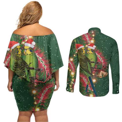 Green Budgerigars on Callistemon Couples Matching Off Shoulder Short Dress and Long Sleeve Button Shirt Merry Christmas Aussie - Aussie Hoodie
