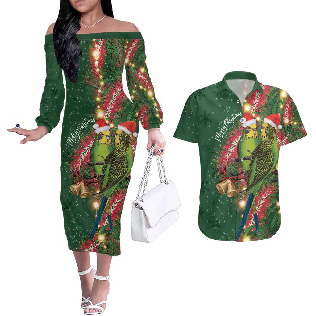 Green Budgerigars on Callistemon Couples Matching Off The Shoulder Long Sleeve Dress and Hawaiian Shirt Merry Christmas Aussie - Aussie Hoodie