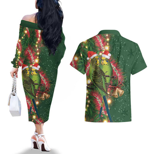 Green Budgerigars on Callistemon Couples Matching Off The Shoulder Long Sleeve Dress and Hawaiian Shirt Merry Christmas Aussie - Aussie Hoodie