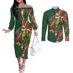 Green Budgerigars on Callistemon Couples Matching Off The Shoulder Long Sleeve Dress and Long Sleeve Button Shirt Merry Christmas Aussie - Aussie Hoodie