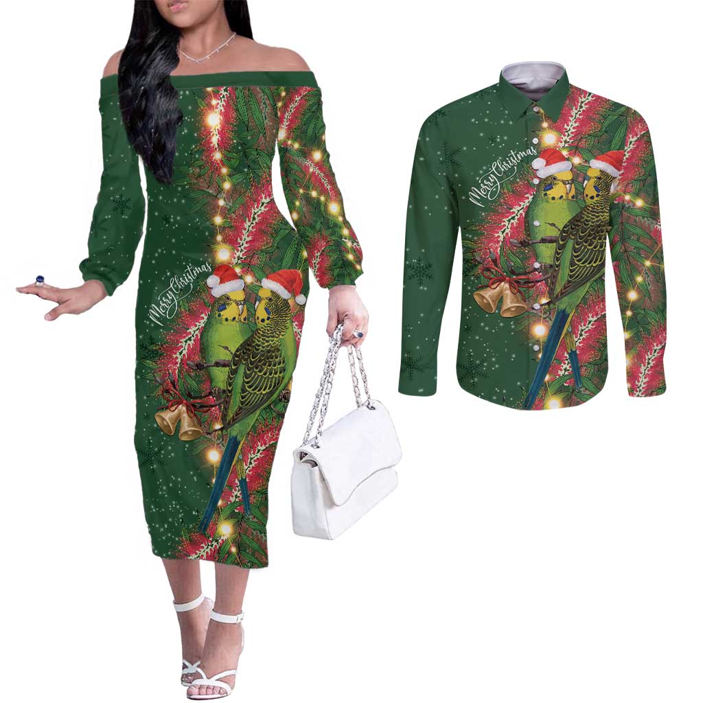 Green Budgerigars on Callistemon Couples Matching Off The Shoulder Long Sleeve Dress and Long Sleeve Button Shirt Merry Christmas Aussie - Aussie Hoodie