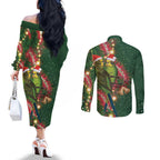 Green Budgerigars on Callistemon Couples Matching Off The Shoulder Long Sleeve Dress and Long Sleeve Button Shirt Merry Christmas Aussie - Aussie Hoodie