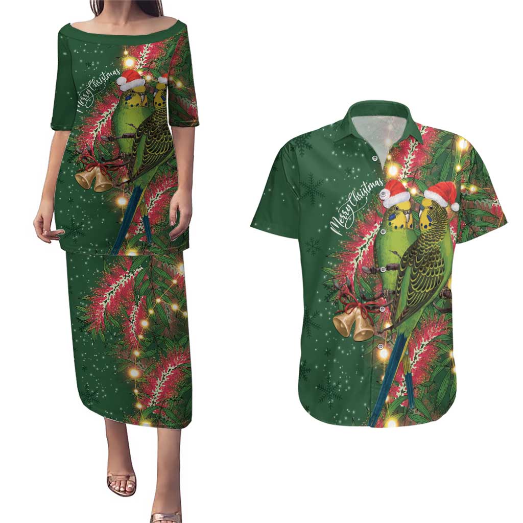 Green Budgerigars on Callistemon Couples Matching Puletasi and Hawaiian Shirt Merry Christmas Aussie - Aussie Hoodie