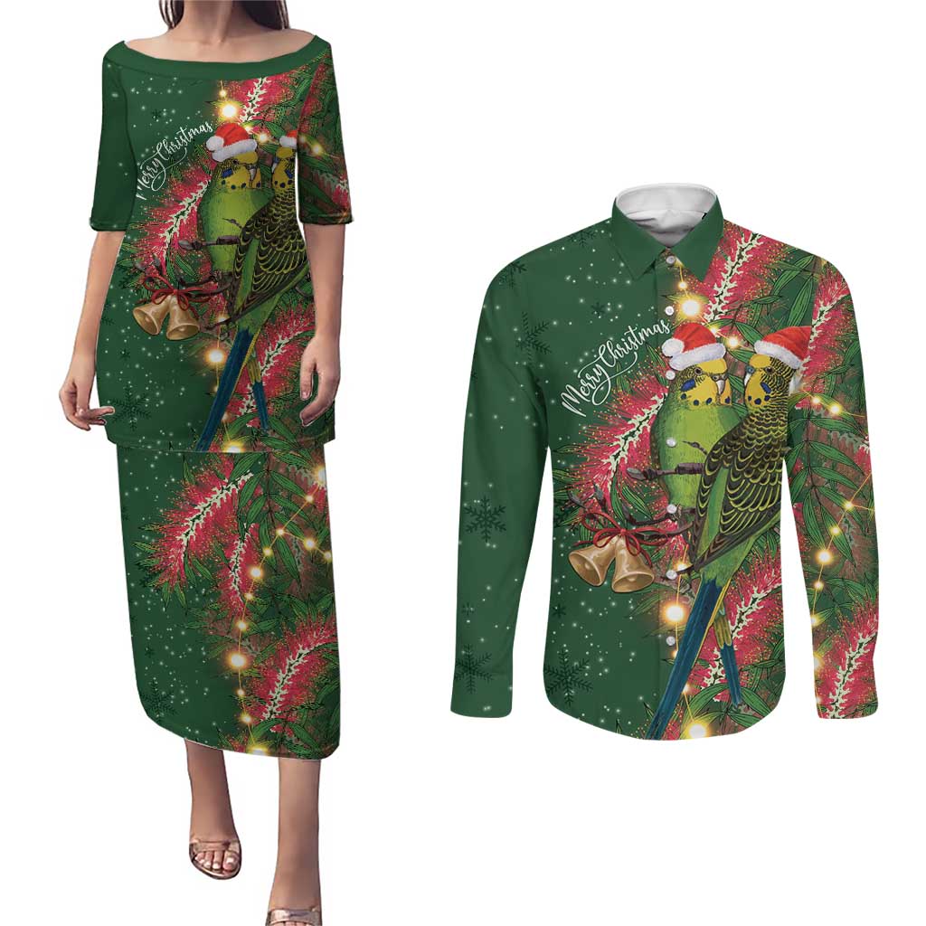 Green Budgerigars on Callistemon Couples Matching Puletasi and Long Sleeve Button Shirt Merry Christmas Aussie - Aussie Hoodie