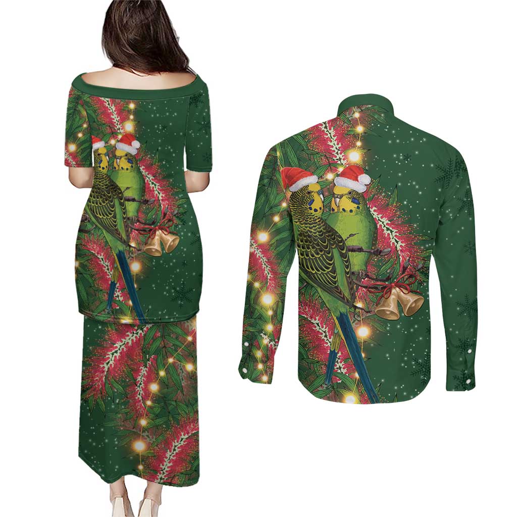 Green Budgerigars on Callistemon Couples Matching Puletasi and Long Sleeve Button Shirt Merry Christmas Aussie - Aussie Hoodie