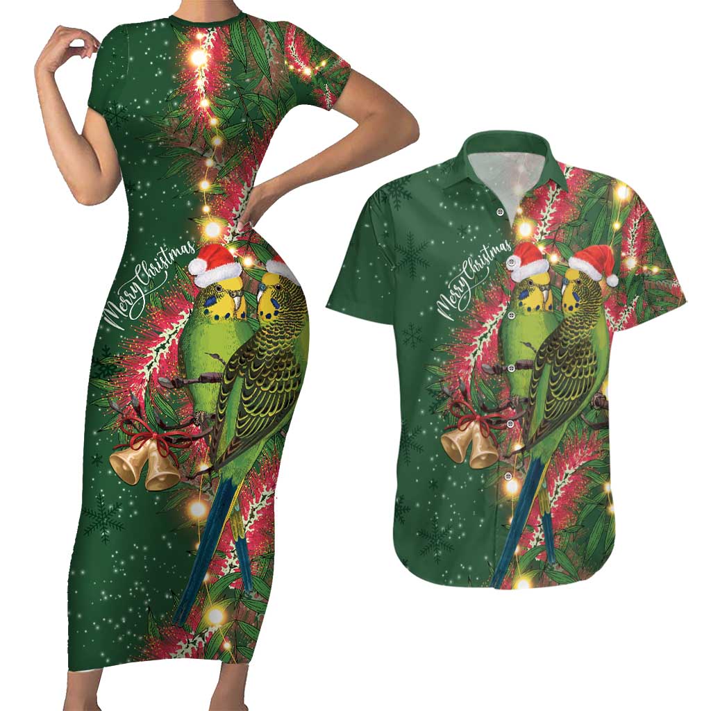 Green Budgerigars on Callistemon Couples Matching Short Sleeve Bodycon Dress and Hawaiian Shirt Merry Christmas Aussie - Aussie Hoodie
