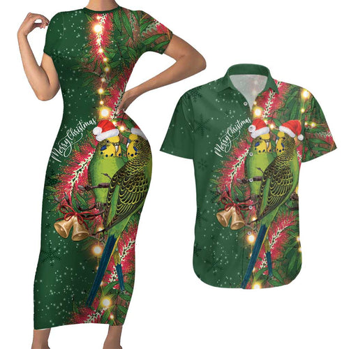 Green Budgerigars on Callistemon Couples Matching Short Sleeve Bodycon Dress and Hawaiian Shirt Merry Christmas Aussie - Aussie Hoodie