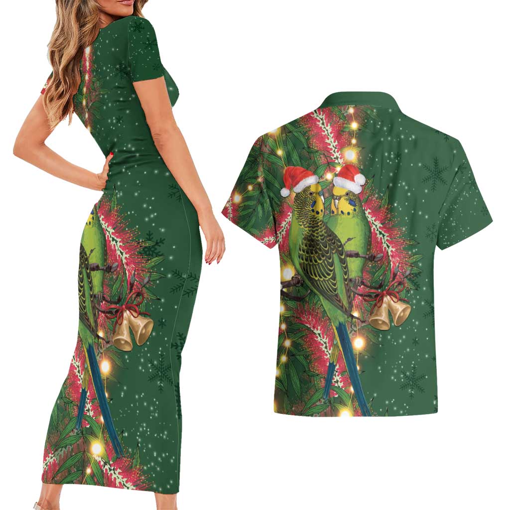 Green Budgerigars on Callistemon Couples Matching Short Sleeve Bodycon Dress and Hawaiian Shirt Merry Christmas Aussie - Aussie Hoodie