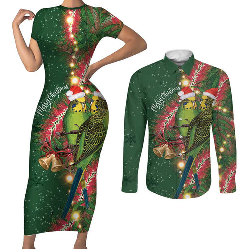Green Budgerigars on Callistemon Couples Matching Short Sleeve Bodycon Dress and Long Sleeve Button Shirt Merry Christmas Aussie - Aussie Hoodie