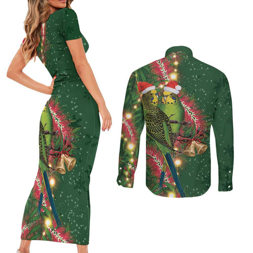 Green Budgerigars on Callistemon Couples Matching Short Sleeve Bodycon Dress and Long Sleeve Button Shirt Merry Christmas Aussie - Aussie Hoodie