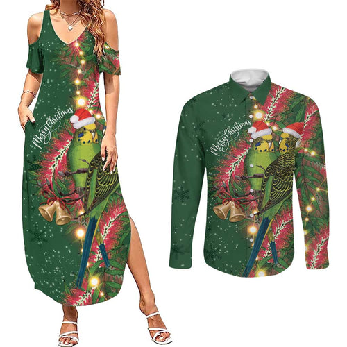 Green Budgerigars on Callistemon Couples Matching Summer Maxi Dress and Long Sleeve Button Shirt Merry Christmas Aussie - Aussie Hoodie