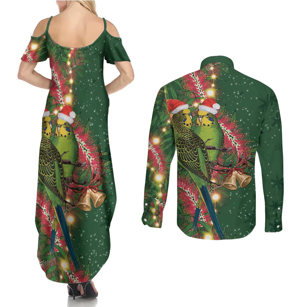 Green Budgerigars on Callistemon Couples Matching Summer Maxi Dress and Long Sleeve Button Shirt Merry Christmas Aussie - Aussie Hoodie