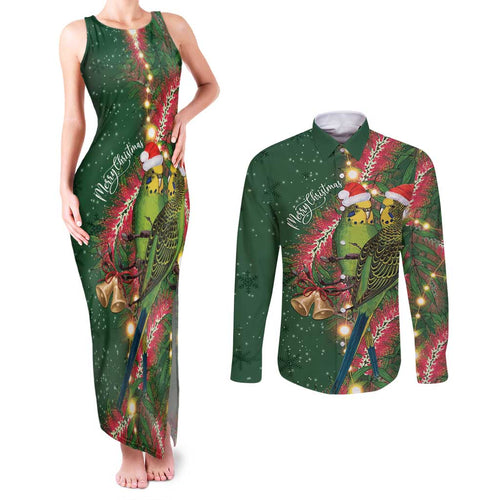 Green Budgerigars on Callistemon Couples Matching Tank Maxi Dress and Long Sleeve Button Shirt Merry Christmas Aussie - Aussie Hoodie