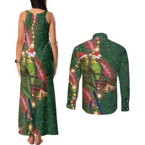 Green Budgerigars on Callistemon Couples Matching Tank Maxi Dress and Long Sleeve Button Shirt Merry Christmas Aussie - Aussie Hoodie