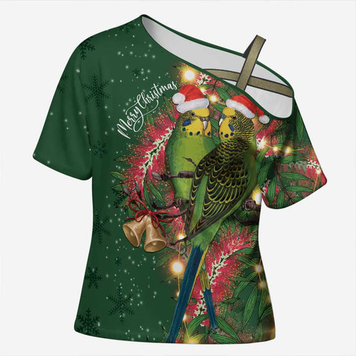 Green Budgerigars on Callistemon Cross Shoulder Shirt Merry Christmas Aussie - Aussie Hoodie