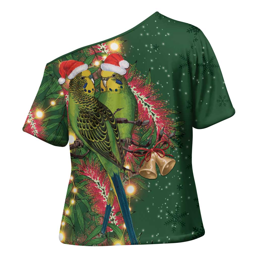 Green Budgerigars on Callistemon Cross Shoulder Shirt Merry Christmas Aussie - Aussie Hoodie
