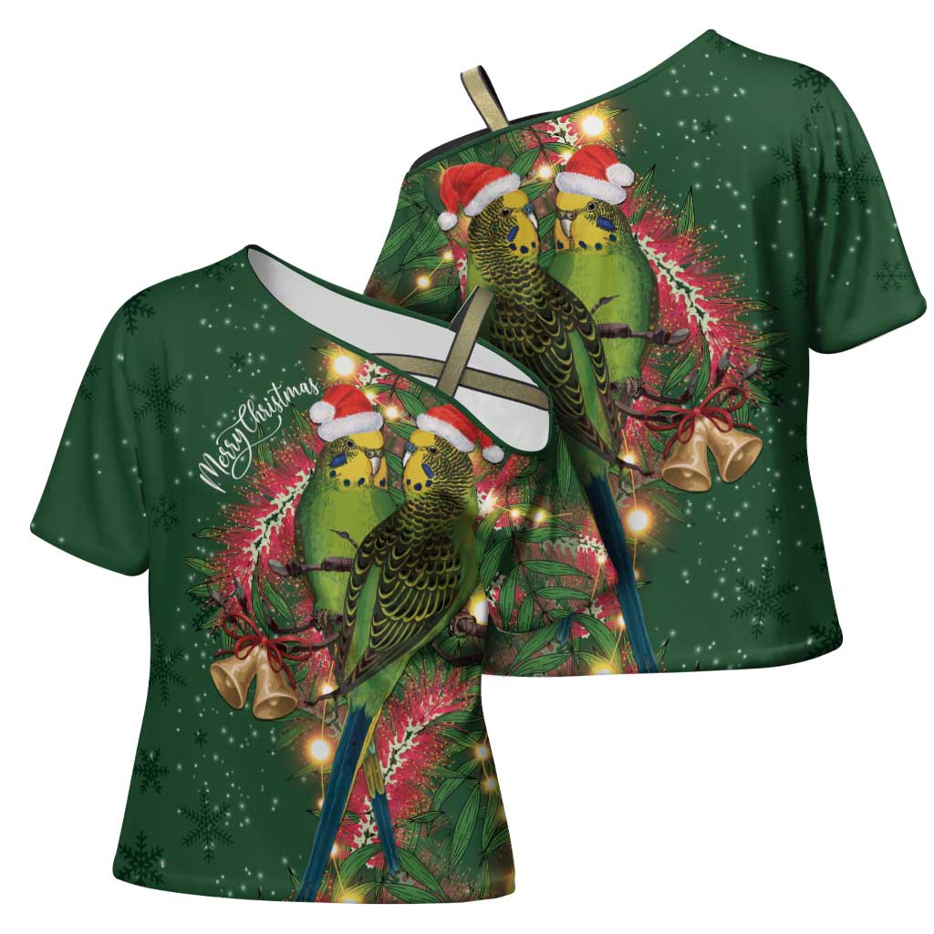 Green Budgerigars on Callistemon Cross Shoulder Shirt Merry Christmas Aussie - Aussie Hoodie