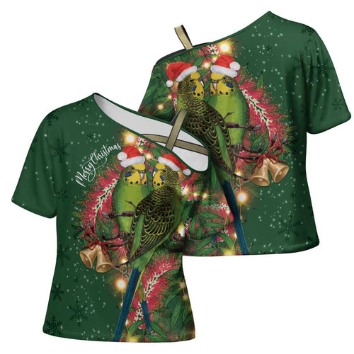 Green Budgerigars on Callistemon Cross Shoulder Shirt Merry Christmas Aussie - Aussie Hoodie