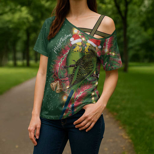 Green Budgerigars on Callistemon Cross Shoulder Shirt Merry Christmas Aussie - Aussie Hoodie