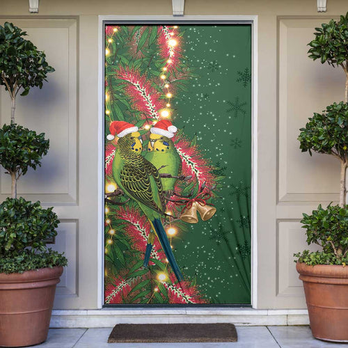 Green Budgerigars on Callistemon Door Cover Merry Christmas Aussie - Aussie Hoodie