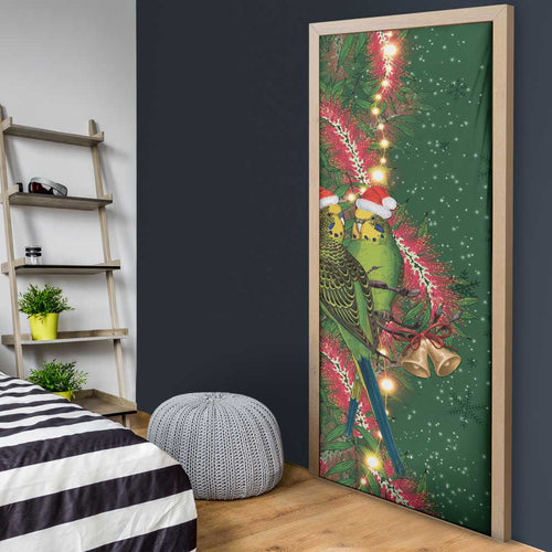 Green Budgerigars on Callistemon Door Cover Merry Christmas Aussie - Aussie Hoodie