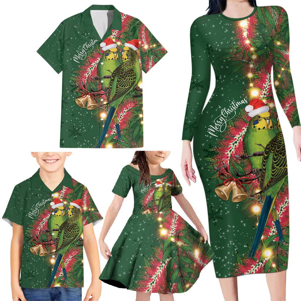 Green Budgerigars on Callistemon Family Matching Long Sleeve Bodycon Dress and Hawaiian Shirt Merry Christmas Aussie - Aussie Hoodie